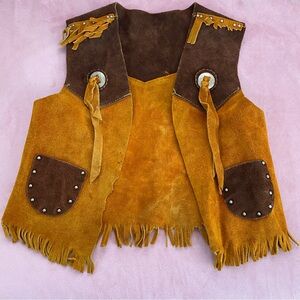 Kids Leather Cowboy Vest Two Tone with Pockets Studs and Fringe Worn Distressed